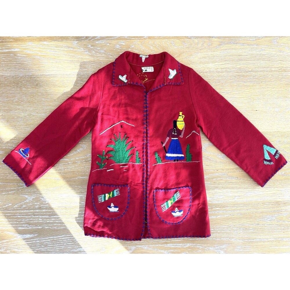 Vintage Lopez 40’s 50’s Mexican Hand Embroidered Wool Red Jacket Size XS/Small